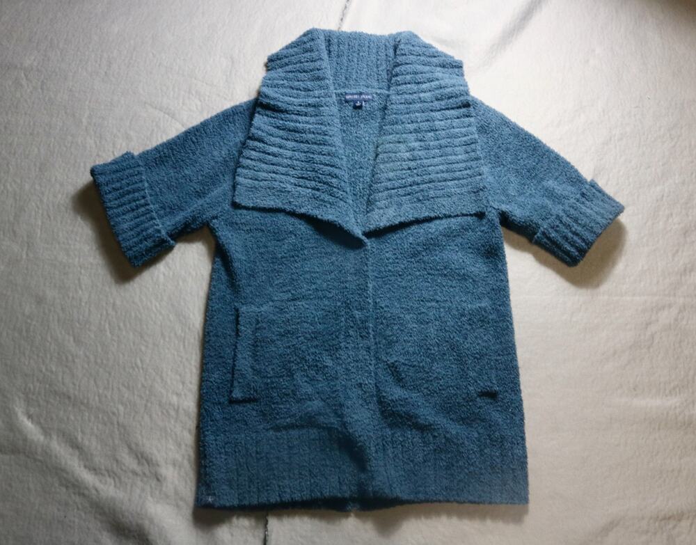 Barefoot Dreams Cardigan Small Blue Cozy Twist Short Sleeve Sweater Coastal